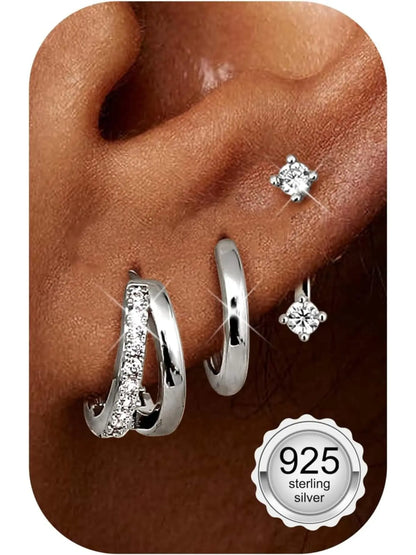 3 Pairs Stud Hoop Earrings for Women Hypoallergenic Earrings Stacks with Cubic Zirconia Huggie Earrings Sets for Multiple Piercings