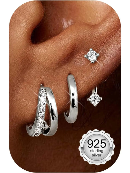 3 Pairs Stud Hoop Earrings for Women Hypoallergenic Earrings Stacks with Cubic Zirconia Huggie Earrings Sets for Multiple Piercings