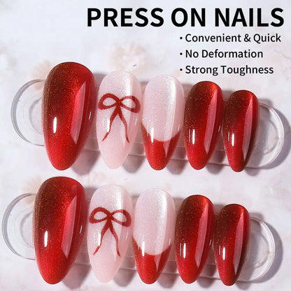 24pcs Long Almond Press-On Nails, Nude Cat Eye, French Tip, Butterfly Design, Acrylic, Includes Jelly Glue and Nail File, Fall Winter Essential