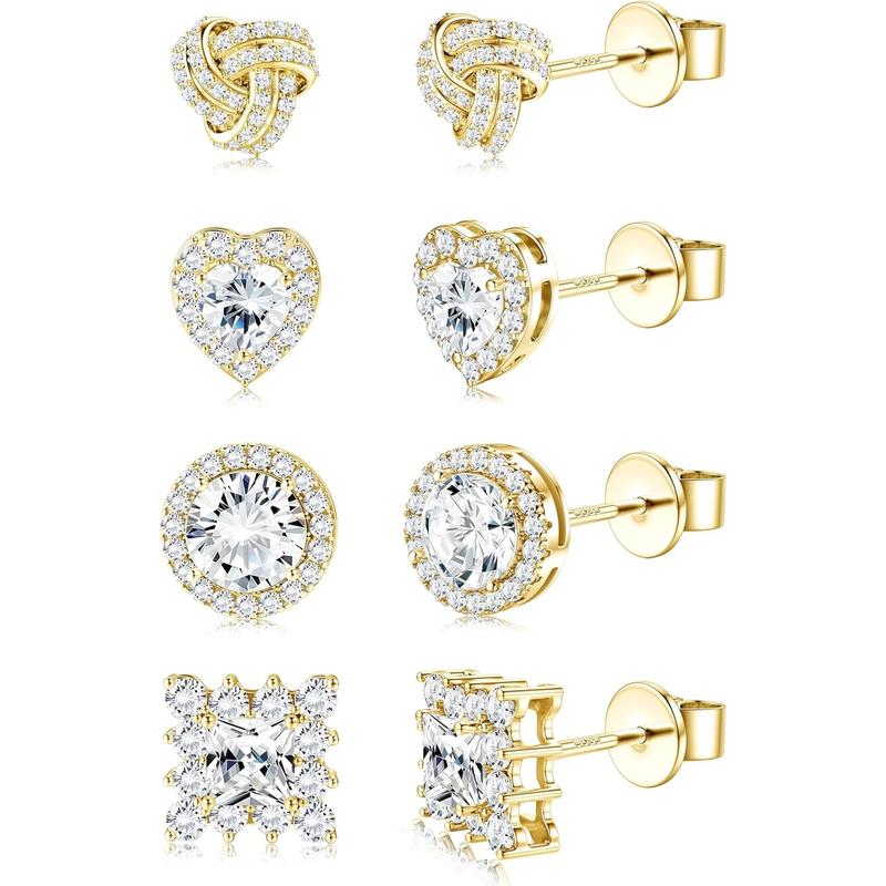 4 Pairs Trendy Sterling Silver CZ Stud Earrings for Women 14K Waterproof Gold Plated Brilliant Celtic Heart Big Stud Earrings Set Cubic Zirconia Earrings Studs for Sensitive Ear, Heart Shaped Earrings, Artificial Zirconia Earrings, Jewelry For Women