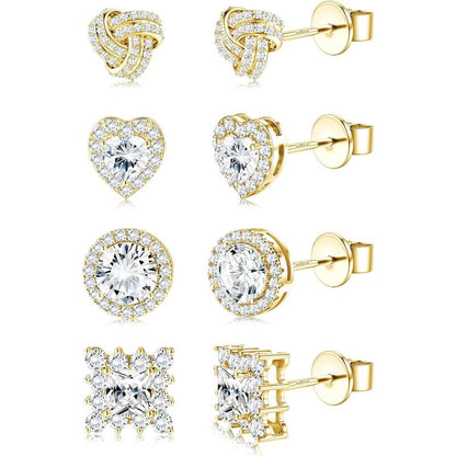 4 Pairs Trendy Sterling Silver CZ Stud Earrings for Women 14K Waterproof Gold Plated Brilliant Celtic Heart Big Stud Earrings Set Cubic Zirconia Earrings Studs for Sensitive Ear, Heart Shaped Earrings, Artificial Zirconia Earrings, Jewelry For Women