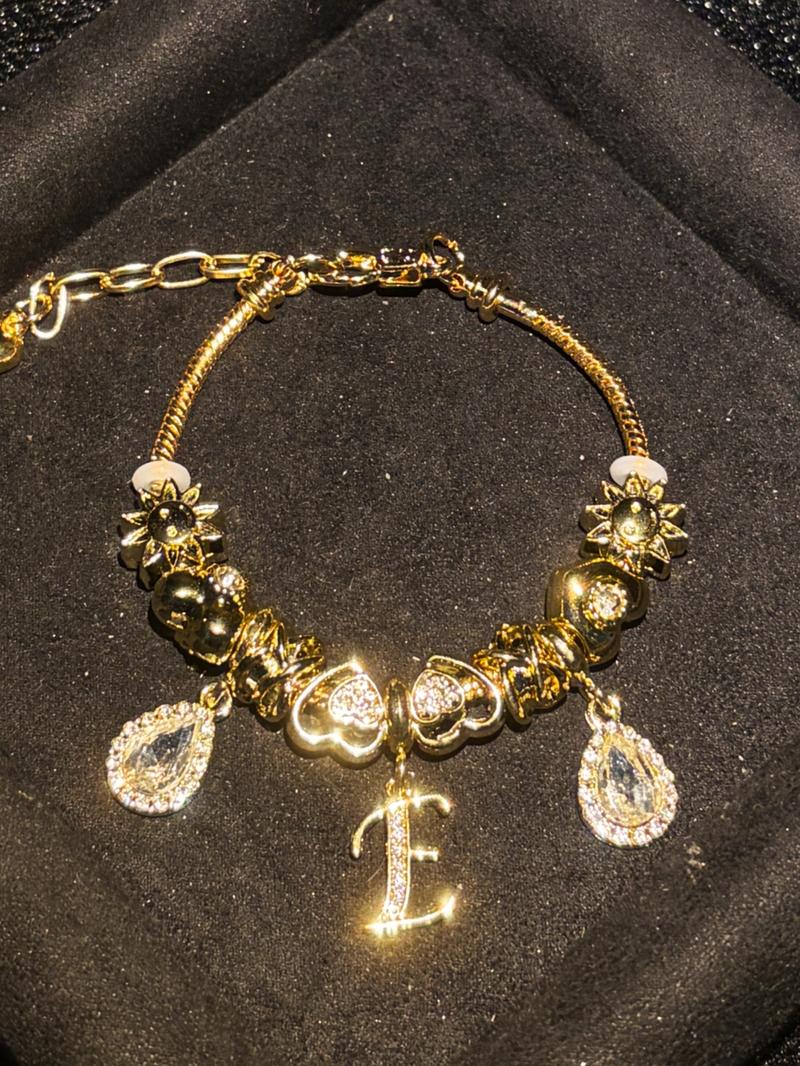 Women's Gold Tone Mixed Charm Beaded Bracelet A Z Initial Letters Available, Fashion Costume Jewelry Gift