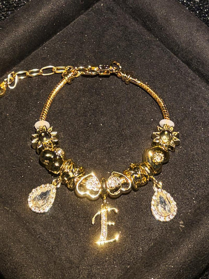 Women's Gold Tone Mixed Charm Beaded Bracelet A Z Initial Letters Available, Fashion Costume Jewelry Gift