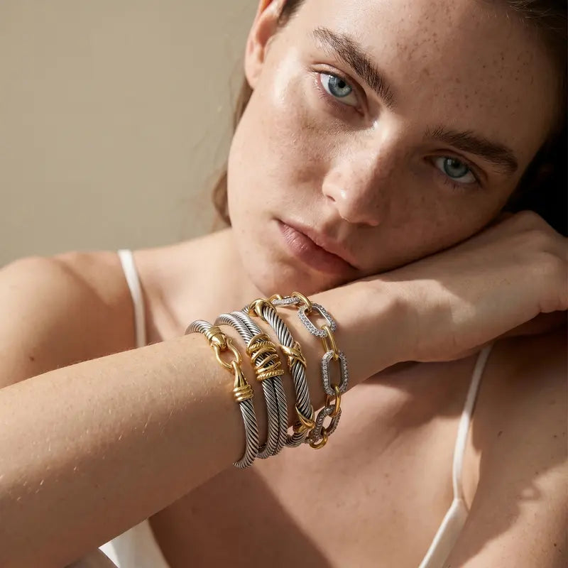 Aprilery Trendy 4PCS Twisted Adjustable Cable & Chain Link Jewelry Arm Candy Set – Stackable Knot & Hook Turquoise Bangle Bracelets for Women Perfect Everyday Jewelry Gold & Silver Bracelets