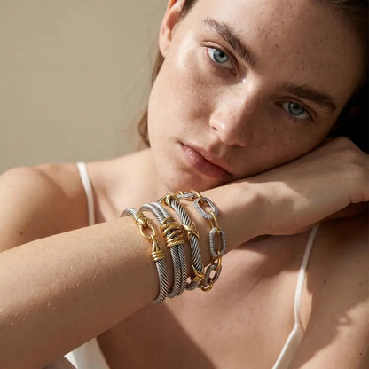 Aprilery Trendy 4PCS Twisted Adjustable Cable & Chain Link Jewelry Arm Candy Set – Stackable Knot & Hook Turquoise Bangle Bracelets for Women Perfect Everyday Jewelry Gold & Silver Bracelets