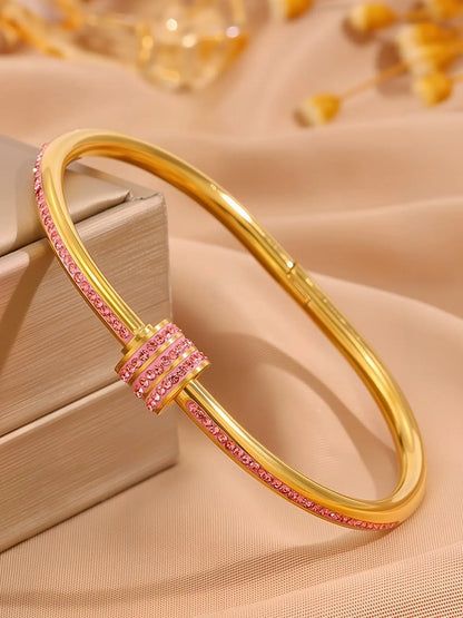 5Pcs Pink Enamel Gold Bangle Bracelet Set Stacking Bangle Bracelet Sparkly Rhinestone Heart Stackable Bracelets Fashion Women Jewelry For Party Daily Wear Gift For Her
