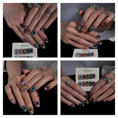 (17AM00#) Handmade Press-On Nails | Reusable, Salon-Quality, Long-Lasting, Glossy Design, Crystal Rhinestone Nude Blue Party Set