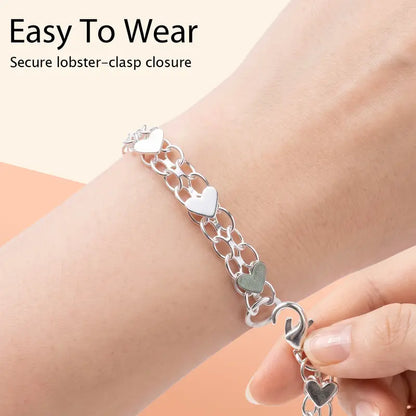 YLNWH 925 Sterling Silver Heart Link Bracelet for Women, Double-Chain Polished Charm Bracelet with Lobster Clasp, Boho Everyday Jewelry Gift