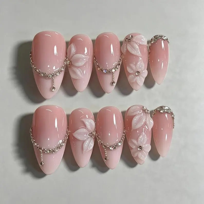 Pink Ombre 3D Flower Rhinestone Chain Press On Nail, Medium Almond Fake Nail, Luxury Bridal Nail For Wedding Romantic Dates