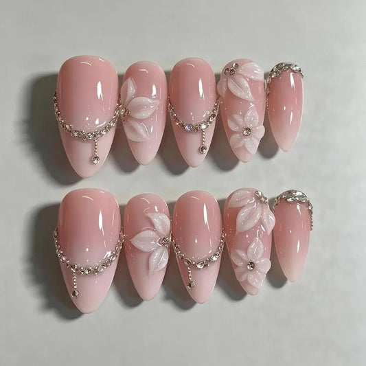 Pink Ombre 3D Flower Rhinestone Chain Press On Nail, Medium Almond Fake Nail, Luxury Bridal Nail For Wedding Romantic Dates