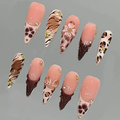 10Pcs/Set Stiletto‑Shaped Handmade Press‑On Nails,Y2K Style,Pink,Brown,Leopard Print & 3D Flower Design,Gold Bead & Rhinestone Decor,Size XS/S/M/L,Include Jelly Glue,Nail File,Cuticle Pusher,for Daily,Party,Dating,Great Holiday Gift for Women