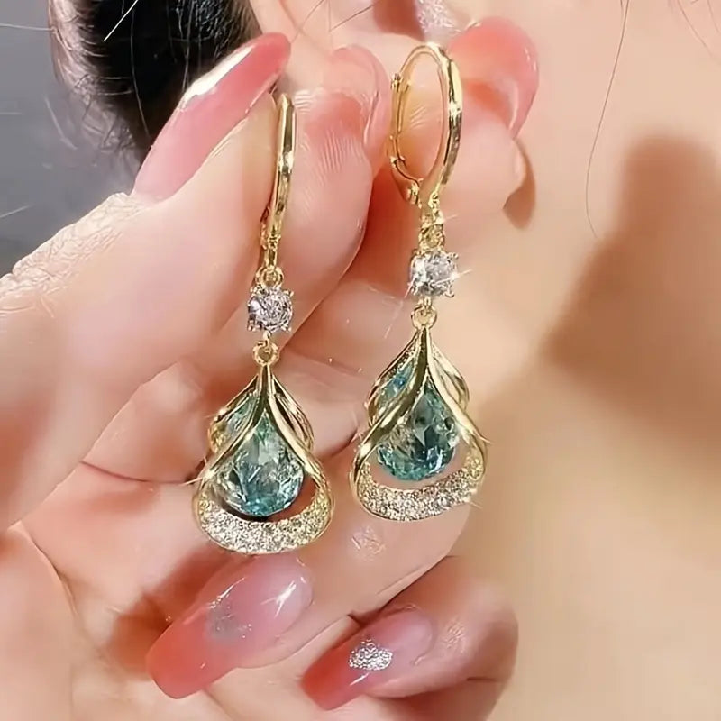 Women's Gold-Toned Cubic Zirconia Teardrop Earrings - 1 Pair Alloy Pendant Accessories for Adult Females, Bedazzled Sparkle Crystalized Glitter Styles, Pink & Transparent Stones, Layered Dangling Party Jewelry, Accessories Adults Female, Bedazzled Sparkle