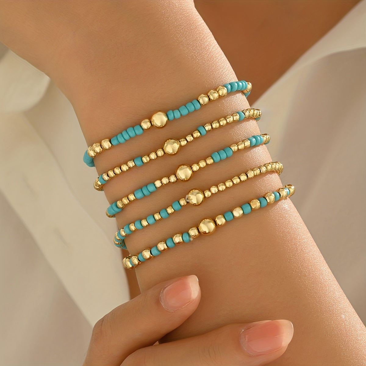 5pcs Retro Bohemian Style Versatile, Easy And Random CCB Glass Bead Elastic Layered Bracelet Set Suitable for Women'S Daily Vacation Matching
