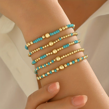 5pcs Retro Bohemian Style Versatile, Easy And Random CCB Glass Bead Elastic Layered Bracelet Set Suitable for Women'S Daily Vacation Matching