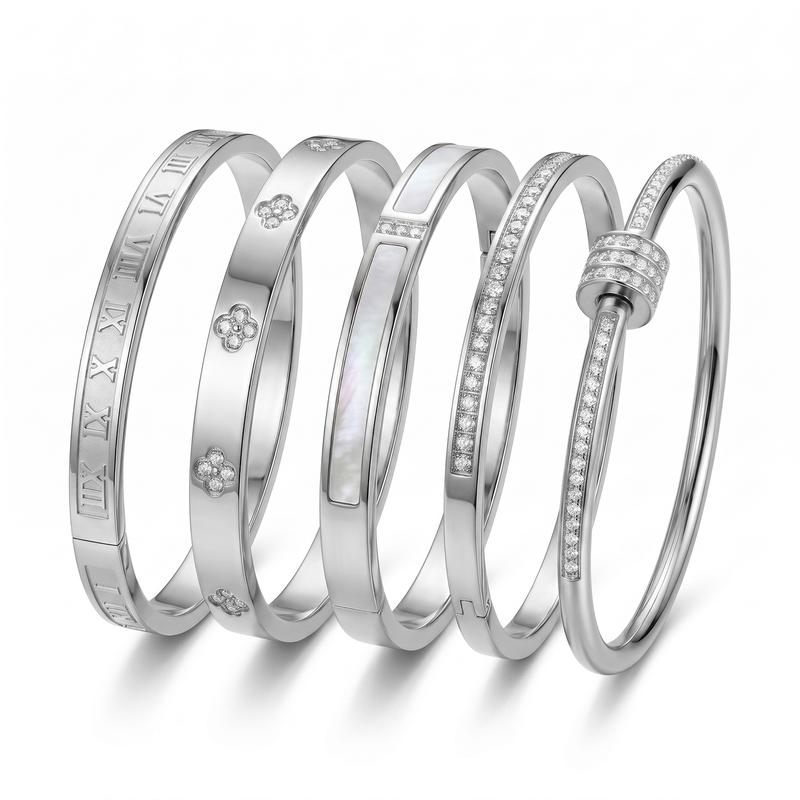 5PCS Waterproof Titanium Steel Bracelet Set for Women, Rhinestone Stackable Bracelets, Minimalist Gold Silver Wrist Jewelry, Elegant Fashion Bracelets for Everyday Wear, Gift for Women