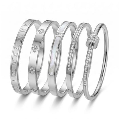 5PCS Waterproof Titanium Steel Bracelet Set for Women, Rhinestone Stackable Bracelets, Minimalist Gold Silver Wrist Jewelry, Elegant Fashion Bracelets for Everyday Wear, Gift for Women
