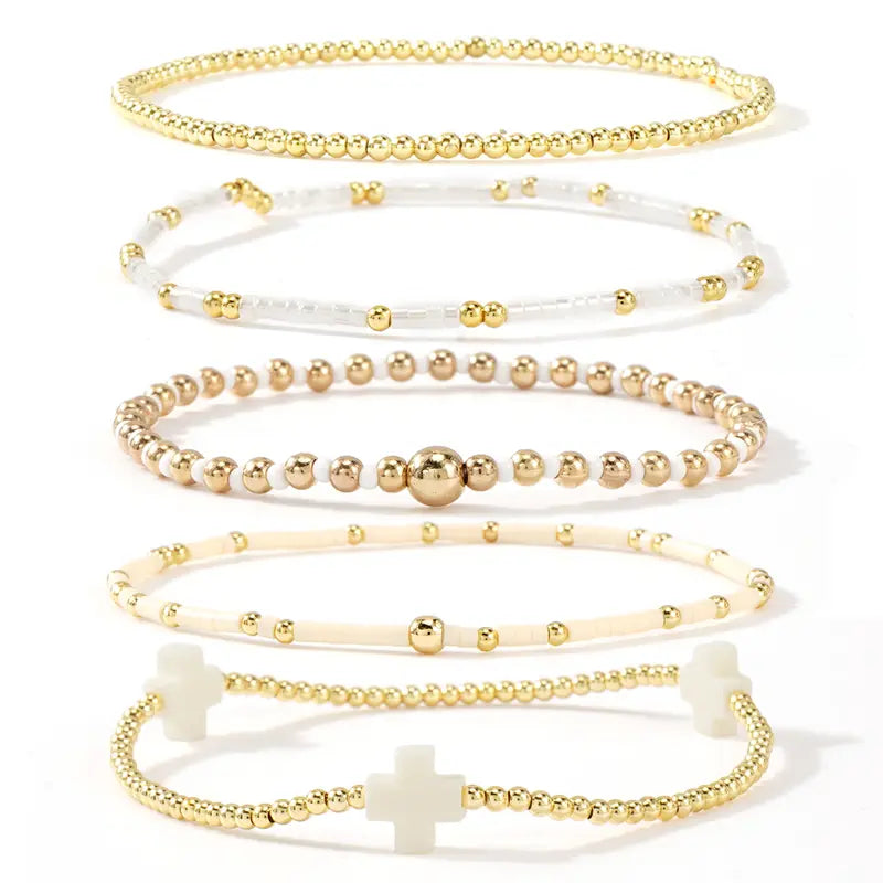 SHINUS BOHO Bracelet Stack for Women, 5-Piece Bohemian Layered Set with Colorful African Vinyl Beads and Gold-Plated Cross Charm, Stretch Beach Jewelry, Jewelry For Women, Teenage Girls Gifts, Beach Wear, Wrist Stack, Fashion