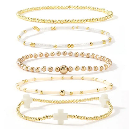 SHINUS BOHO Bracelet Stack for Women, 5-Piece Bohemian Layered Set with Colorful African Vinyl Beads and Gold-Plated Cross Charm, Stretch Beach Jewelry, Jewelry For Women, Teenage Girls Gifts, Beach Wear, Wrist Stack, Fashion