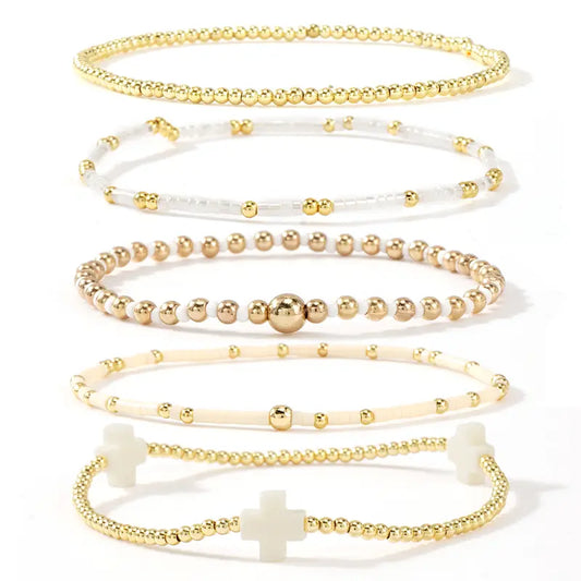 SHINUS BOHO Bracelet Stack for Women, 5-Piece Bohemian Layered Set with Colorful African Vinyl Beads and Gold-Plated Cross Charm, Stretch Beach Jewelry, Jewelry For Women, Teenage Girls Gifts, Beach Wear, Wrist Stack, Fashion
