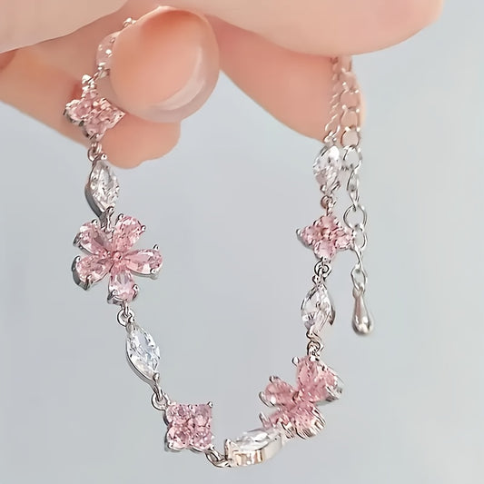 1pc Women's Pink Cherry Blossom Chain Bracelet, Fashionable, Cute, and Exquisite Adjustable Square Petal Cherry Blossom Bracelet, Ideal Holiday Gift