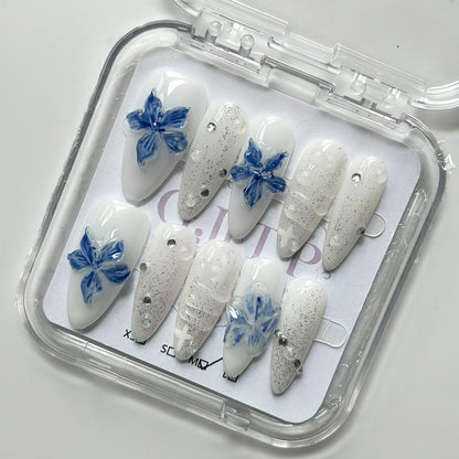10Pcs Handmade Press On Nails Reusable Medium Handmade Acrylic Press Nails New Summer Collection, Cute Elegant Luxury Cat Eye Design, Ocean Inspired, High Quality Soft Sophisticated Look for Women Nail Art