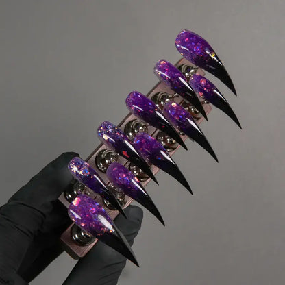 Dark Gradient Press-On Nails with a Shimmer Finish, Long Fake Nails Featuring 3D Silver Accents and Rhinestone Chains for a Unique Look, Nails Press On, Decorative