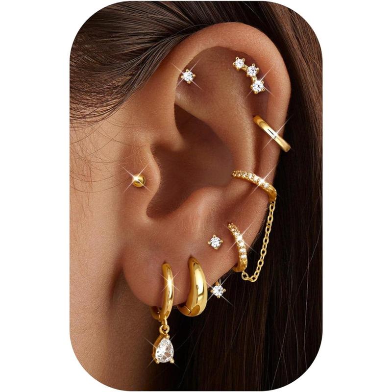 CASSIECA 8Pairs Earrings Stack Set for Women Gold Plated Hypoallergenic Chain Cartilage Pieces Silver Huggie Hoop Studs for Multiple Piercings Lightweight Jewelry For Women Sohochic