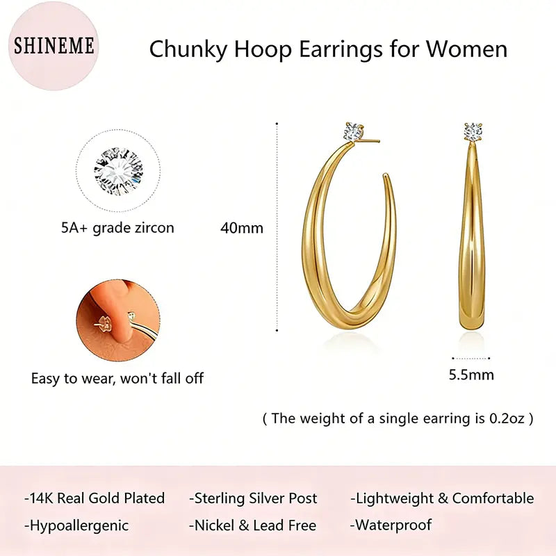 Women's 14K Gold Plated Chunky Hoop Earrings - Native Bold Statement Minimalist, Lightweight Gold Jewelry, Hypoallergenic Fit, Adults' Versatile Daily Accessory to Reach Accessory Goals