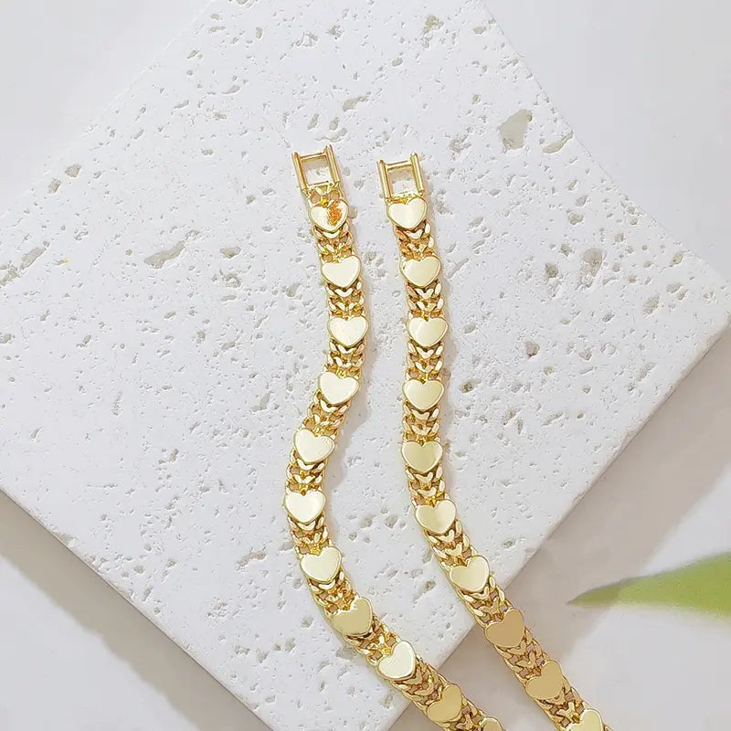 14K Gold Plated Double Row Cuban Link Bracelet for Women, Smooth Polished Heart Charm Chain Bracelet, Chunky Stackable Wrist Jewelry Gift for Birthday Valentine’s Day