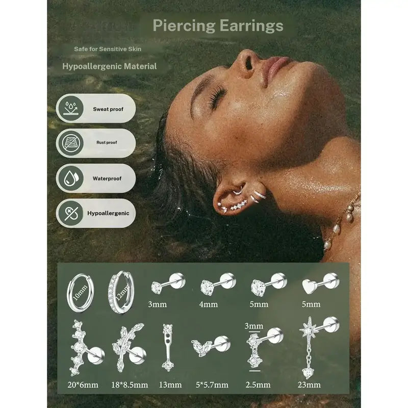 Women's Medical Steel Earring Stack Set, 11 Pairs Hypoallergenic Flat Back Studs & Hoops, Tarnish Free Accessories for Conch & Helix Piercings, Everyday Fashion Jewelry