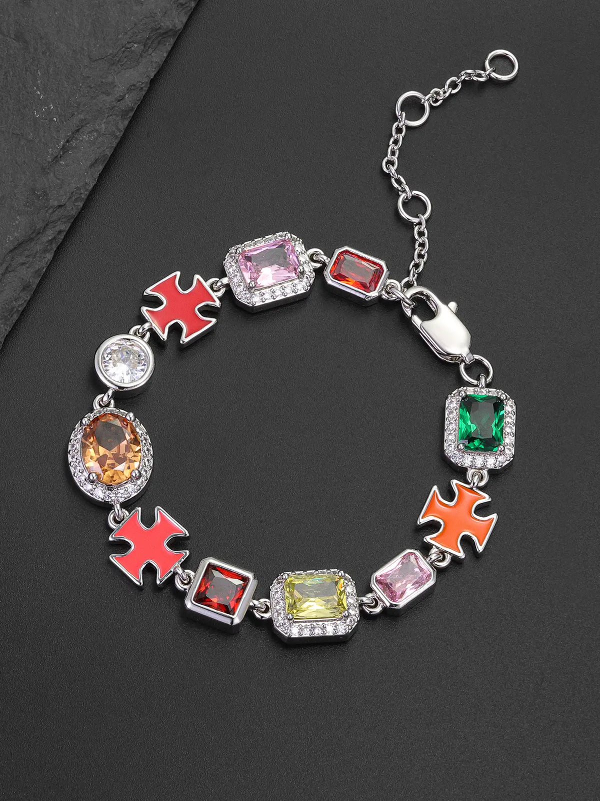 ICED CHICS Cross-Drip Oil Colored Cubic Zirconia Copper Chain Bracelet, Geometric Cube Design Hip-hop Style Bracelet, Birthday Gift for Party and Special Occasions, Adds Elegance and Sophistication, Unisex Design, Bracelet Jewelry, Fashion Bracelet