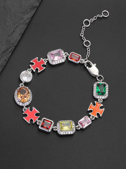 ICED CHICS Cross-Drip Oil Colored Cubic Zirconia Copper Chain Bracelet, Geometric Cube Design Hip-hop Style Bracelet, Birthday Gift for Party and Special Occasions, Adds Elegance and Sophistication, Unisex Design, Bracelet Jewelry, Fashion Bracelet