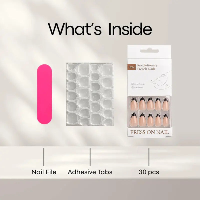 30PCS Black and Nude French Tip Press-On Nails, Polished Almond Shape Set Including Glue Tabs & Nail File, Press-On Wear Ready for Daily Wear, Wedding