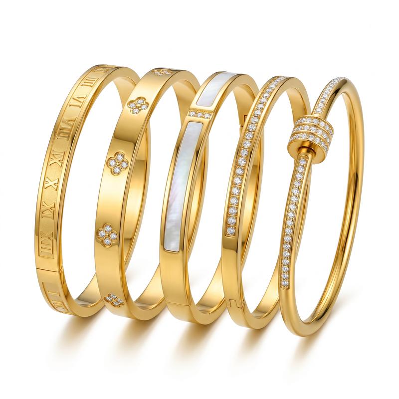 5PCS Waterproof Titanium Steel Bracelet Set for Women, Rhinestone Stackable Bracelets, Minimalist Gold Silver Wrist Jewelry, Elegant Fashion Bracelets for Everyday Wear, Gift for Women