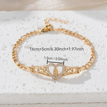 1pc of Women'S Fashion Bracelet, Charming, Easy And Exquisite Synthetic Zirconia Inlaid Hollow Love Heart Portrait Decoration Metal Chain Bracelet, Party Banquet Jewelry Additions, Friendship Gift