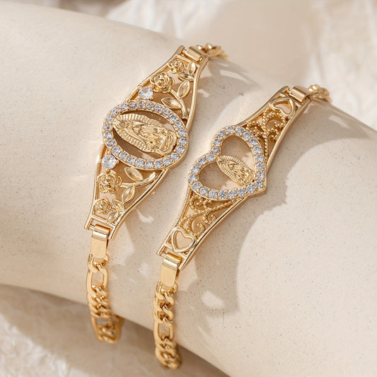 1pc of Women'S Fashion Bracelet, Charming, Easy And Exquisite Synthetic Zirconia Inlaid Hollow Love Heart Portrait Decoration Metal Chain Bracelet, Party Banquet Jewelry Additions, Friendship Gift