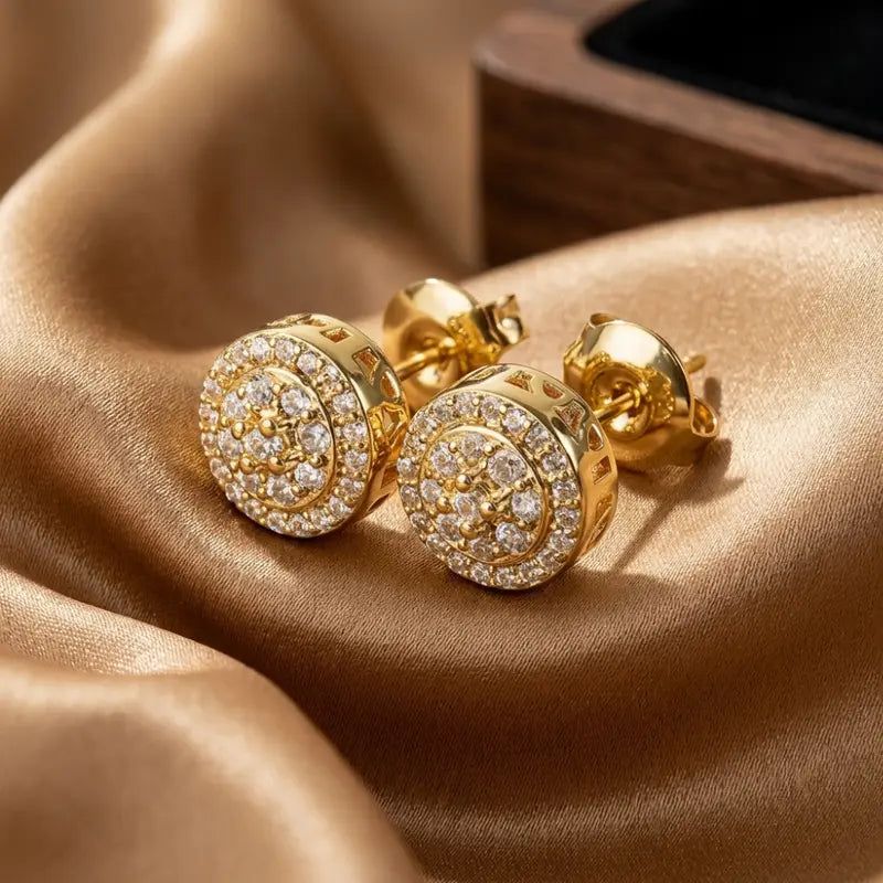 Moissanite Stud Earrings for Men Women 14K Gold Plated S925 Sterling Silver 6mm Round Halo Cluster Iced Out, Hypoallergenic Secure Friction Backs for Everyday & Special Occasions with Gift Box