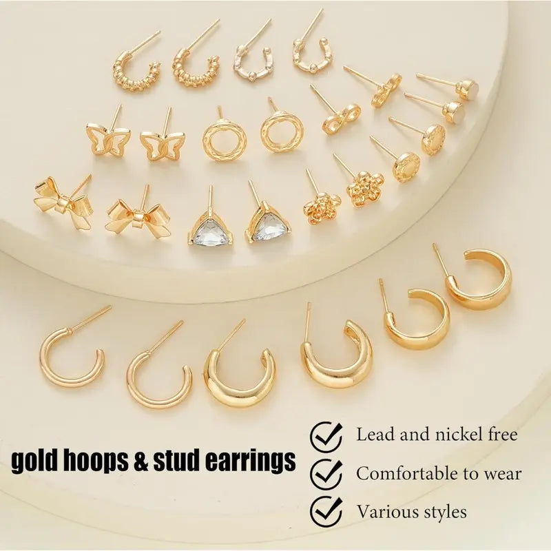 82 Pairs Gold Earrings for Women Trendy, Pearl Bow Small Hoop Stud Earrings Pack, Earring Set Multiple Piercing for Birthday Party Gift