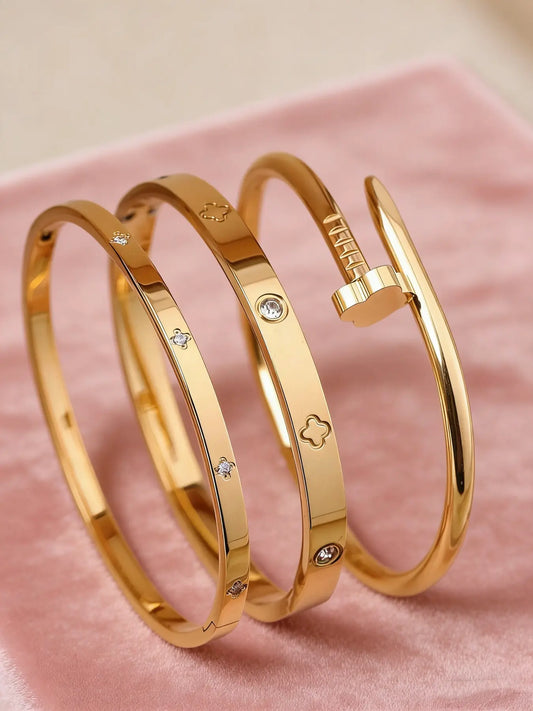 Women's Stainless Steel Fashion Bracelet Set, Flower Nail Design , Casual Style Elegant Jewelry Bracelet for Women, Perfect Gift for Her, High Quality Bracelet