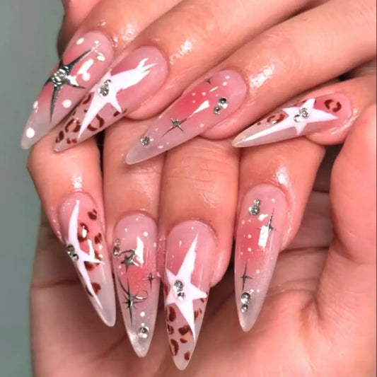 24 Pcs Y2K Gradient Stiletto Press on Nails, Star & Leopard Print, Silver Color Rhinestone Charms, False Nails for Party, Removable False Nails