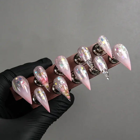 Press-on Nails, Purely Handmade Blush Pink Gradient Faux Nails with Embedded Real Dried Flowers, Glossy Sparkling Sealed Glass Finish, Reusable for Dates, Parties