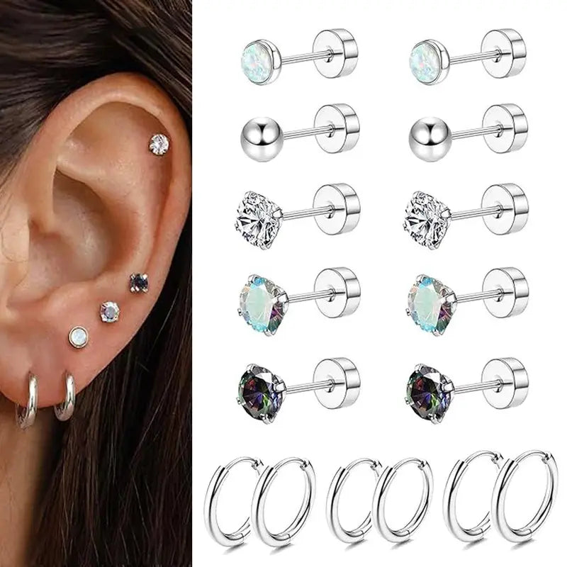 8 Pairs Surgical Steel Earrings for Sensitive Ears Hypoallergenic 20G Stainless Steel Stud Hoop Earrings for Women Men Small Opal Ball CZ Surgical Steel Flat Back Earrings Cartilage Earrings Hoop Stud