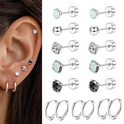 8 Pairs Surgical Steel Earrings for Sensitive Ears Hypoallergenic 20G Stainless Steel Stud Hoop Earrings for Women Men Small Opal Ball CZ Surgical Steel Flat Back Earrings Cartilage Earrings Hoop Stud
