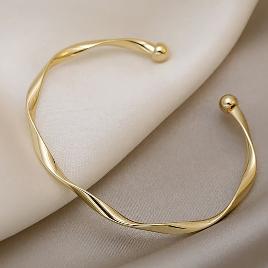 1pc Vintage Golden Silver Twisted Wave Bangle Elegant Simple Open Bracelet with Ball Ends Delicate Metal Wrist Jewelry Accessories for Women