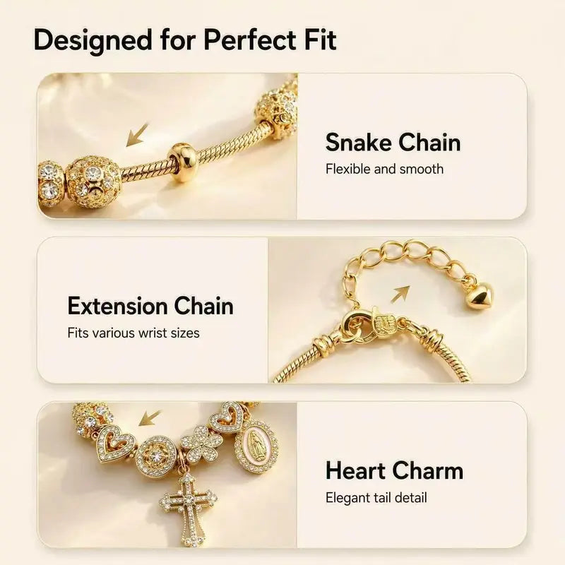 Gold Tone Charm Bracelet for Women, Star Cross Heart Virgin Mary CZ Charms Adjustable Bracelet, Religious Boho Jewelry Gift