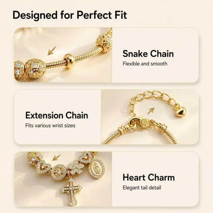 Gold Tone Charm Bracelet for Women, Star Cross Heart Virgin Mary CZ Charms Adjustable Bracelet, Religious Boho Jewelry Gift
