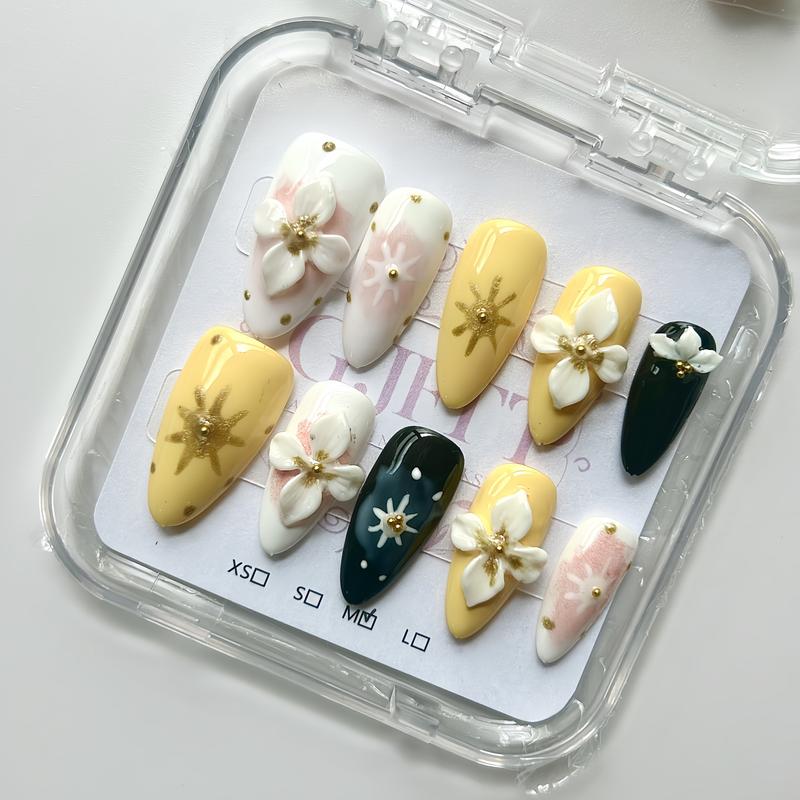 10Pcs Handmade Press On Nails Reusable Medium Handmade Acrylic Press Nails New Summer Collection, Cute Elegant Luxury Cat Eye Design, Ocean Inspired, High Quality Soft Sophisticated Look for Women Nail Art