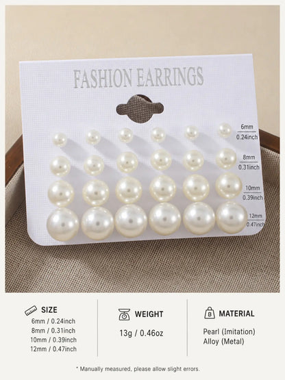 12 Pairs Classic Faux Pearl Stud Earrings Set for Women, Stud Earring Pack, Earrings Studs, Assorted 6mm-12mm Round Pearl Earrings, Minimalist Elegant Jewelry Collection, Timeless Everyday Earrings for Work, Party, Wedding, Vacation, Gift