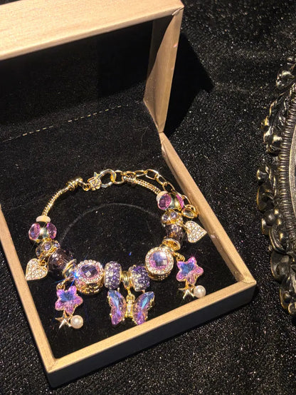 Womens Sparkly Purple Butterfly Charm Bracelet, Pearl Dangle Rhinestone Beaded Jewelry for Girls