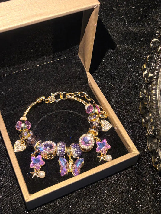 Womens Sparkly Purple Butterfly Charm Bracelet, Pearl Dangle Rhinestone Beaded Jewelry for Girls